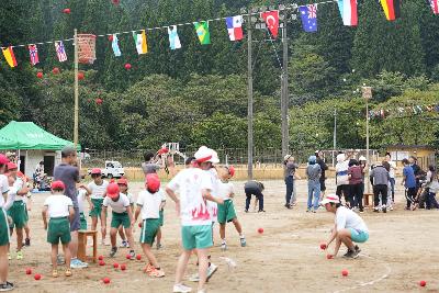 PTA種目の玉入れで、手前が子供チーム、奥が大人チームで対戦している写真